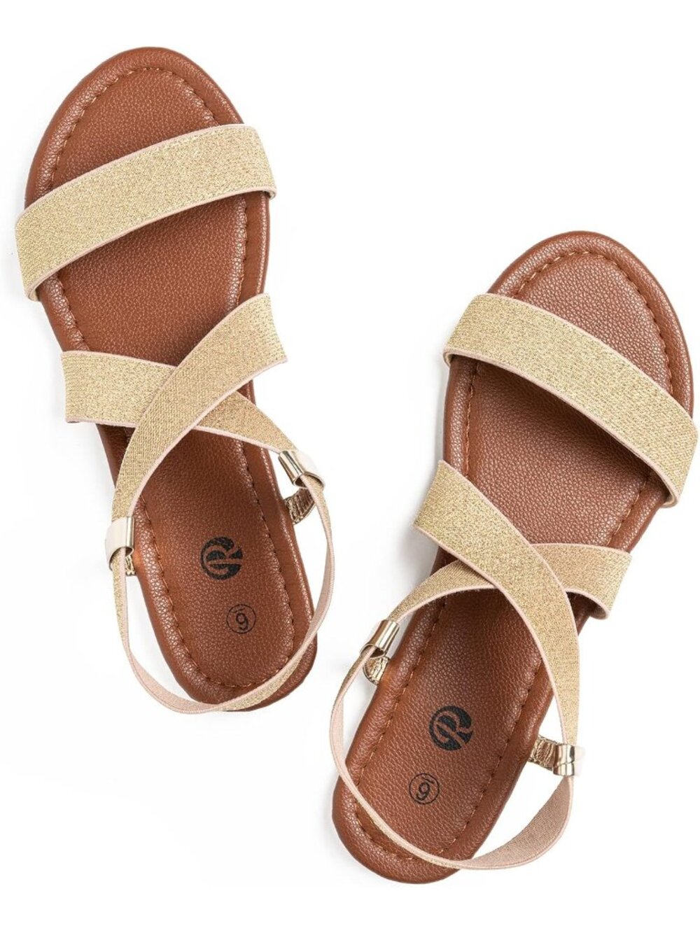 Women's Gold Open Toe Ankle Strap Solid Elastic Slip On Casual Flat Sandal Shoes